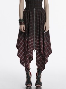 Retro Black Red Gradient Unique Plaid Pattern Irregular Hem Punk Style Skirt