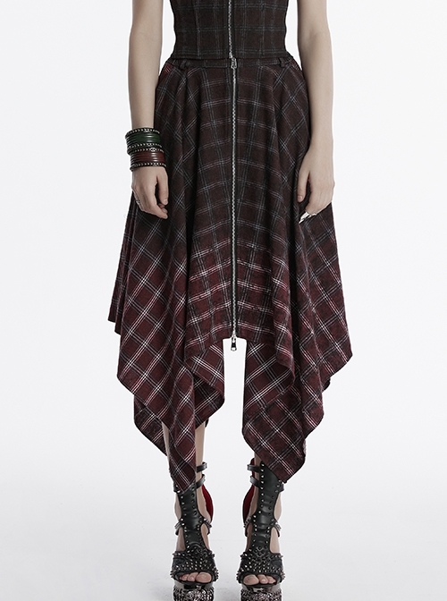 Retro Black Red Gradient Unique Plaid Pattern Irregular Hem Punk Style Skirt