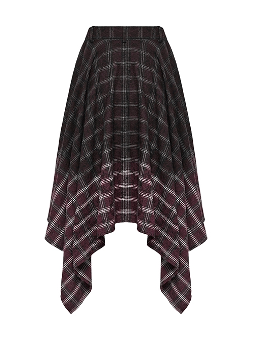 Retro Black Red Gradient Unique Plaid Pattern Irregular Hem Punk Style Skirt