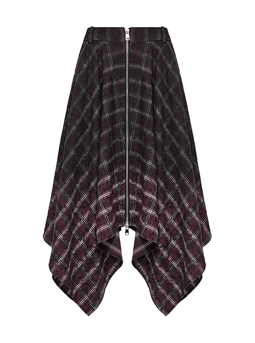 Retro Black Red Gradient Unique Plaid Pattern Irregular Hem Punk Style Skirt