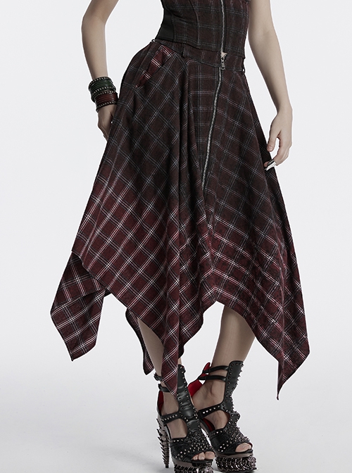 Retro Black Red Gradient Unique Plaid Pattern Irregular Hem Punk Style Skirt
