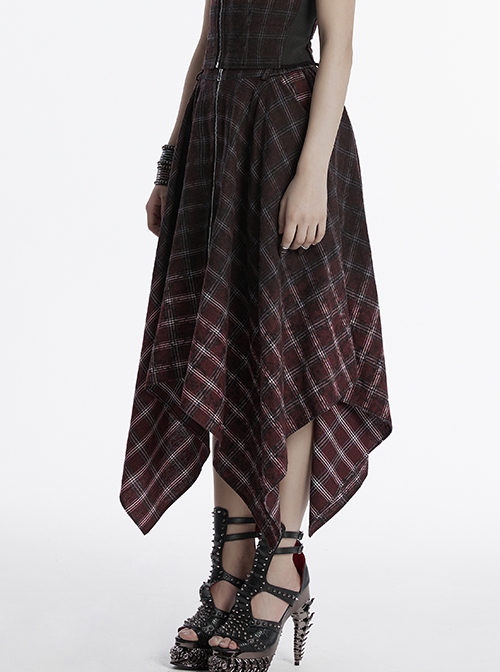 Retro Black Red Gradient Unique Plaid Pattern Irregular Hem Punk Style Skirt