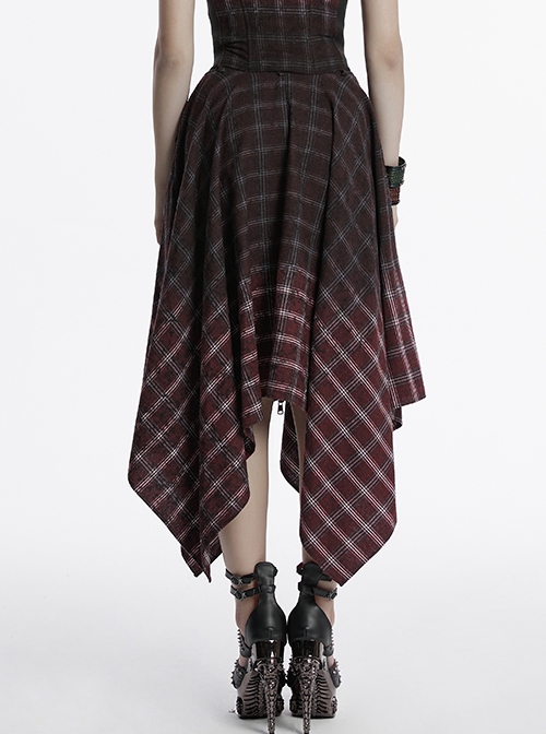 Retro Black Red Gradient Unique Plaid Pattern Irregular Hem Punk Style Skirt