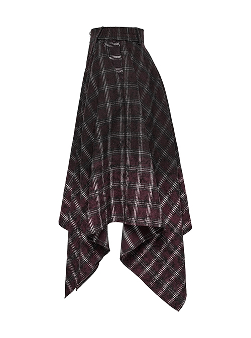 Retro Black Red Gradient Unique Plaid Pattern Irregular Hem Punk Style Skirt