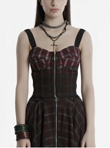 Cool Sexy Red Black Gradient Unique Plaid Pattern Personality Skull Zipper Punk Style Suspender Top