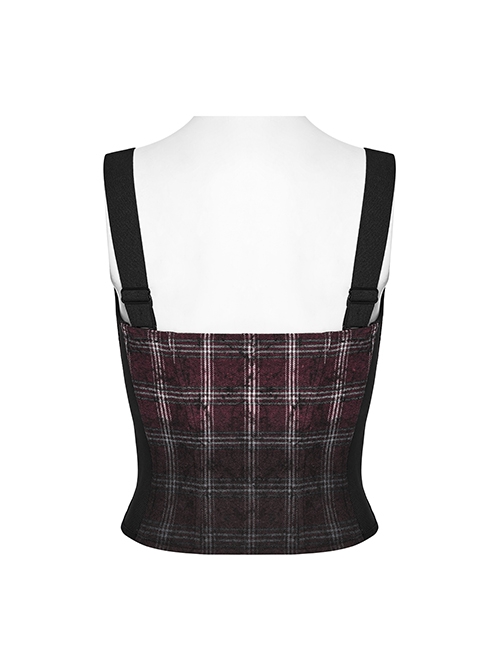 Cool Sexy Red Black Gradient Unique Plaid Pattern Personality Skull Zipper Punk Style Suspender Top