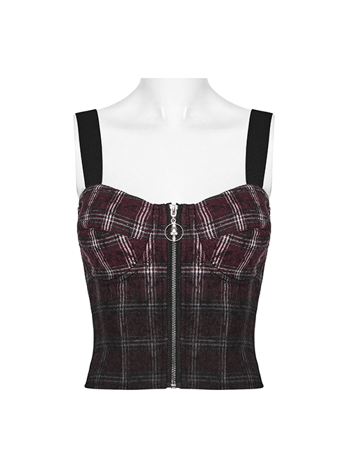 Cool Sexy Red Black Gradient Unique Plaid Pattern Personality Skull Zipper Punk Style Suspender Top