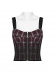 Cool Sexy Red Black Gradient Unique Plaid Pattern Personality Skull Zipper Punk Style Suspender Top