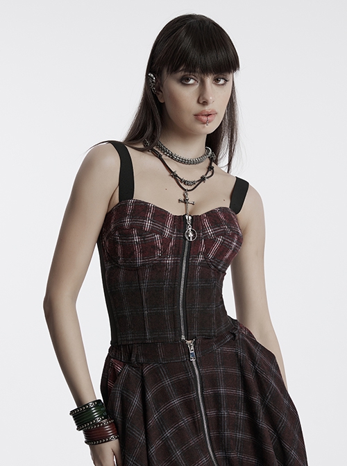 Cool Sexy Red Black Gradient Unique Plaid Pattern Personality Skull Zipper Punk Style Suspender Top