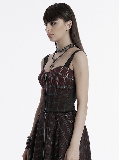 Cool Sexy Red Black Gradient Unique Plaid Pattern Personality Skull Zipper Punk Style Suspender Top