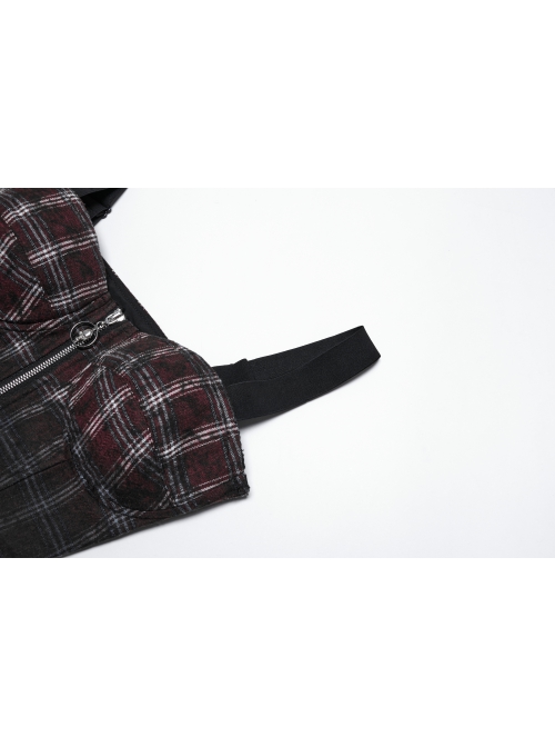 Cool Sexy Red Black Gradient Unique Plaid Pattern Personality Skull Zipper Punk Style Suspender Top