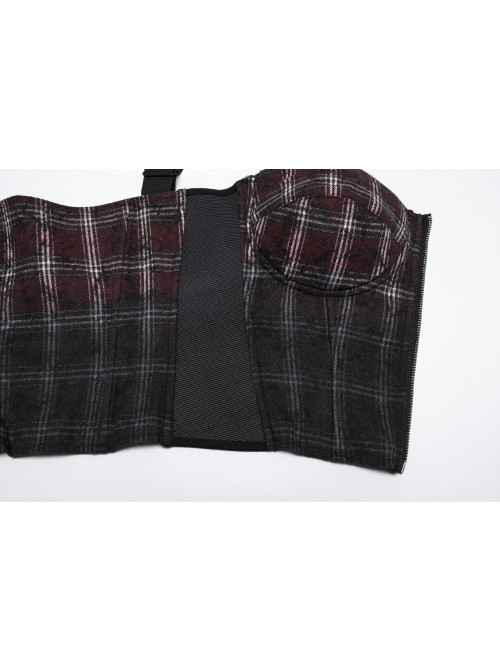 Cool Sexy Red Black Gradient Unique Plaid Pattern Personality Skull Zipper Punk Style Suspender Top