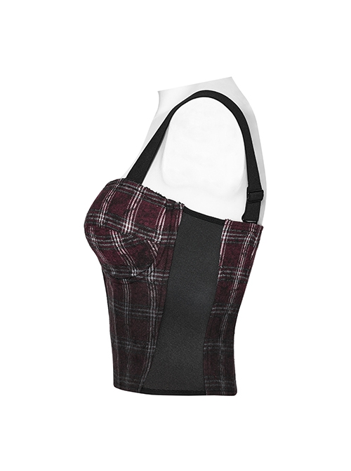 Cool Sexy Red Black Gradient Unique Plaid Pattern Personality Skull Zipper Punk Style Suspender Top