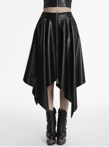 Cool Simple Black Personality Irregular Hem Waist Elastic Design Faux Leather Punk Style Skirt