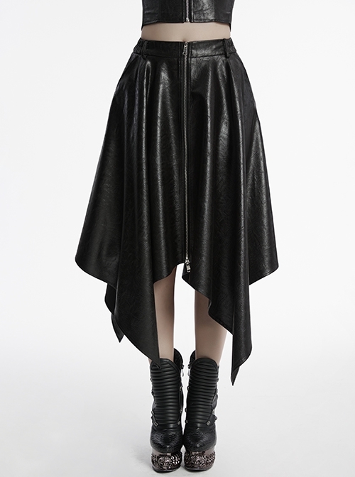 Cool Simple Black Personality Irregular Hem Waist Elastic Design Faux Leather Punk Style Skirt