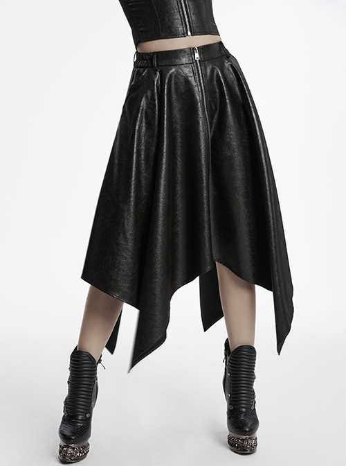 Cool Simple Black Personality Irregular Hem Waist Elastic Design Faux Leather Punk Style Skirt