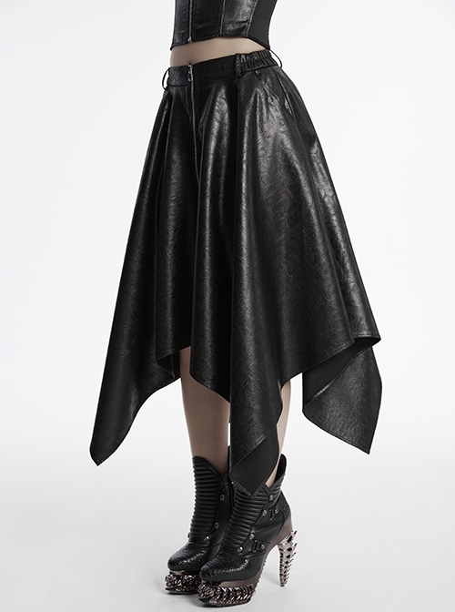 Cool Simple Black Personality Irregular Hem Waist Elastic Design Faux Leather Punk Style Skirt