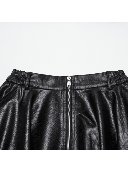 Cool Simple Black Personality Irregular Hem Waist Elastic Design Faux Leather Punk Style Skirt