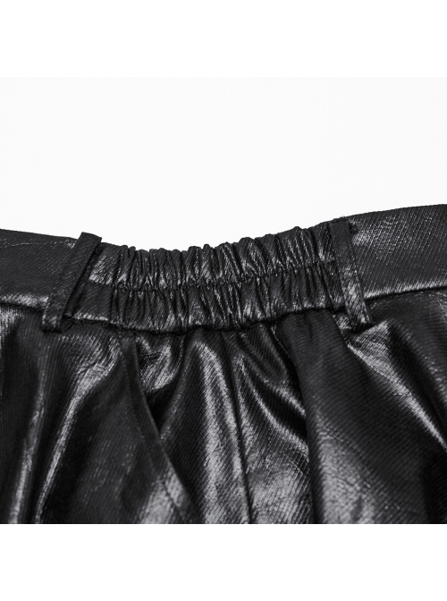 Cool Simple Black Personality Irregular Hem Waist Elastic Design Faux Leather Punk Style Skirt
