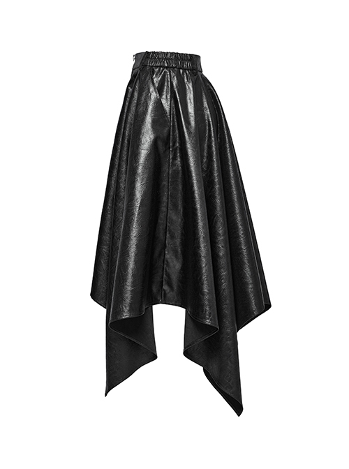 Cool Simple Black Personality Irregular Hem Waist Elastic Design Faux Leather Punk Style Skirt