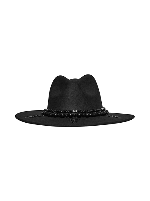 Black Elegant Gorgeous Retro Pearl Decorated Cross Pendant Embellished Gothic Style Hat