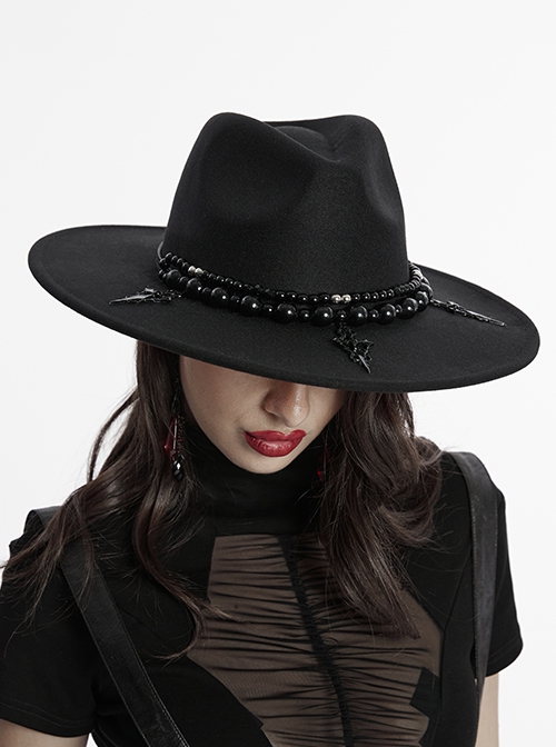 Black Elegant Gorgeous Retro Pearl Decorated Cross Pendant Embellished Gothic Style Hat