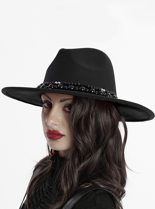 Black Elegant Gorgeous Retro Pearl Decorated Cross Pendant Embellished Gothic Style Hat