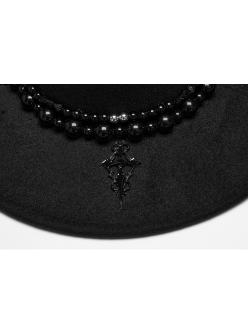 Black Elegant Gorgeous Retro Pearl Decorated Cross Pendant Embellished Gothic Style Hat