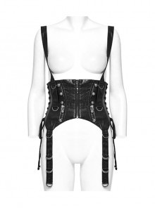 Black Cool Retro Carved Metal Buckle Decoration Cross Straps Drawstring Design Punk Style Tight Corset