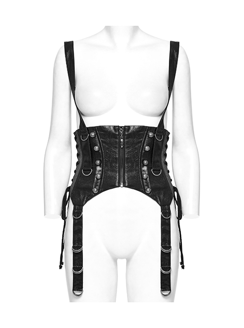Black Cool Retro Carved Metal Buckle Decoration Cross Straps Drawstring Design Punk Style Tight Corset