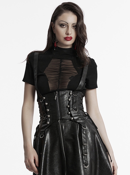 Black Cool Retro Carved Metal Buckle Decoration Cross Straps Drawstring Design Punk Style Tight Corset