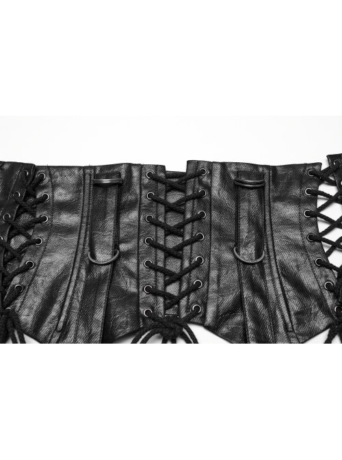 Black Cool Retro Carved Metal Buckle Decoration Cross Straps Drawstring Design Punk Style Tight Corset