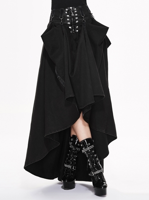Waist D-Buckle Lace-Up Zipper Rear Long Hem Black Punk Long Half Skirt