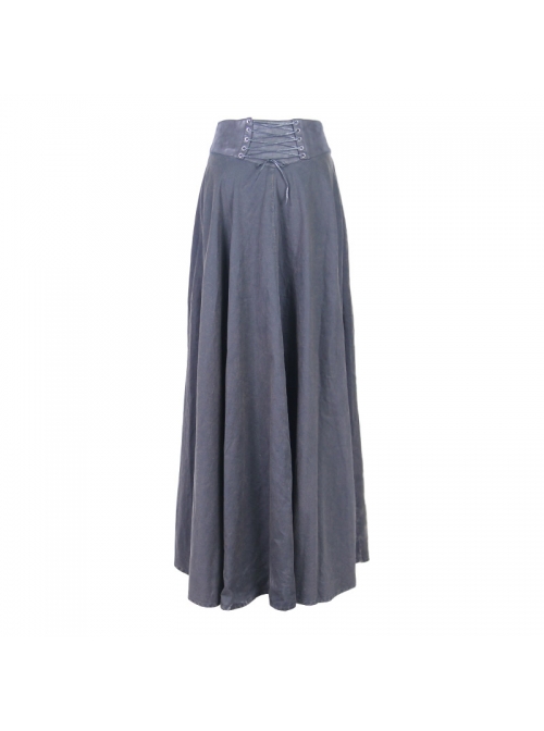 Waist D-Buckle Lace-Up Zipper Rear Long Hem Black Punk Long Half Skirt