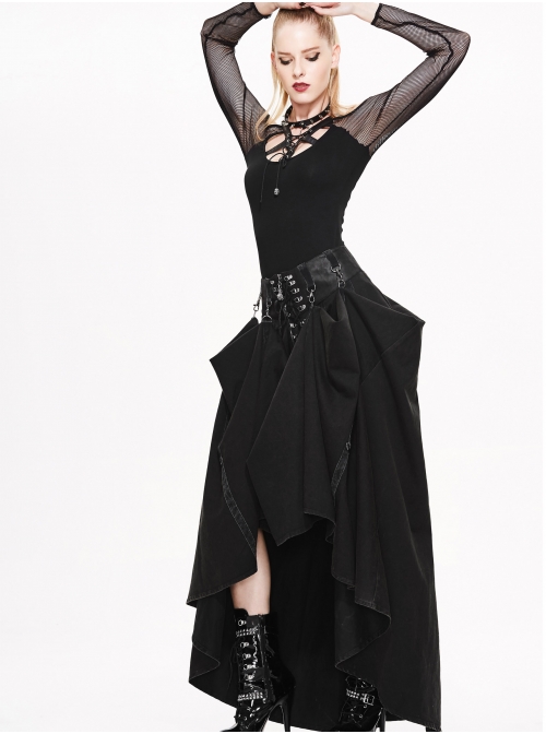 Waist D-Buckle Lace-Up Zipper Rear Long Hem Black Punk Long Half Skirt