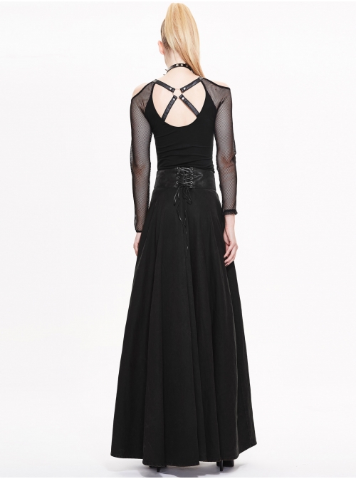 Waist D-Buckle Lace-Up Zipper Rear Long Hem Black Punk Long Half Skirt