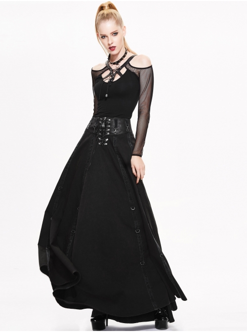 Waist D-Buckle Lace-Up Zipper Rear Long Hem Black Punk Long Half Skirt