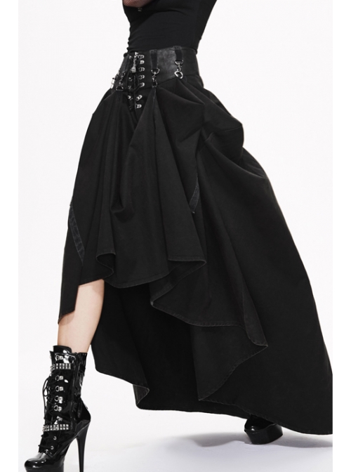 Waist D-Buckle Lace-Up Zipper Rear Long Hem Black Punk Long Half Skirt