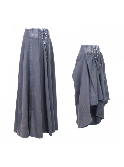 Waist D-Buckle Lace-Up Zipper Rear Long Hem Black Punk Long Half Skirt