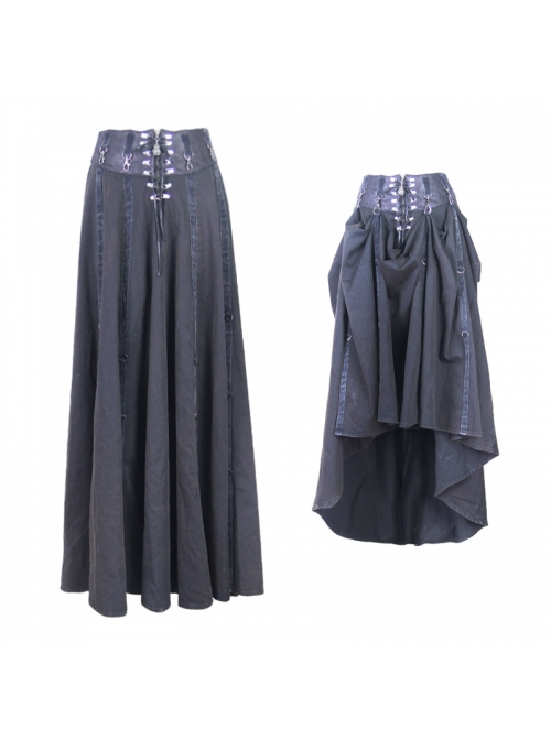 Waist D-Buckle Lace-Up Zipper Rear Long Hem Black Punk Long Half Skirt
