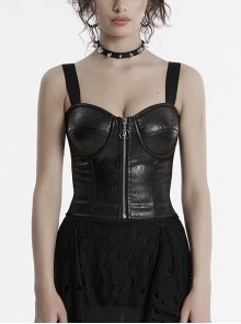 Black Sexy Cool Personality Metal Skull Zipper Adjustable Shoulder Strap Design Punk Style Tight Vest