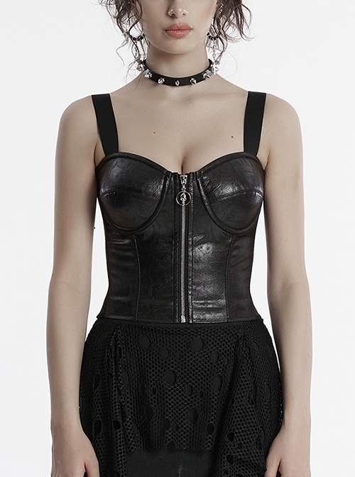 Black Sexy Cool Personality Metal Skull Zipper Adjustable Shoulder Strap Design Punk Style Tight Vest