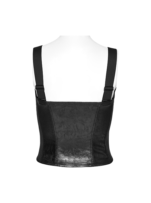 Black Sexy Cool Personality Metal Skull Zipper Adjustable Shoulder Strap Design Punk Style Tight Vest
