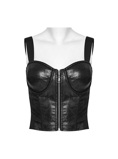 Black Sexy Cool Personality Metal Skull Zipper Adjustable Shoulder Strap Design Punk Style Tight Vest