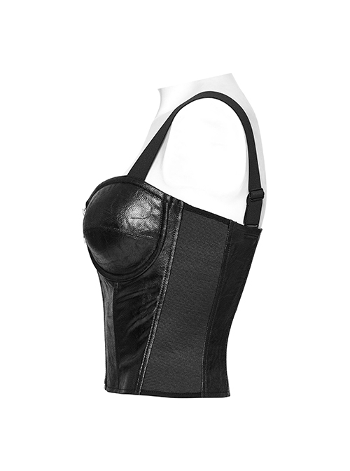 Black Sexy Cool Personality Metal Skull Zipper Adjustable Shoulder Strap Design Punk Style Tight Vest