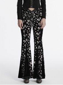 Unique Dark Personality Skull Print Sexy Waist Strap Design Slim Fit Gothic Style Flared Pants