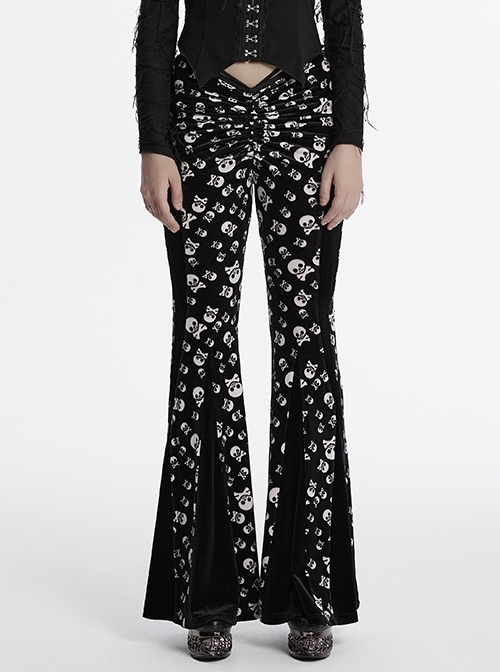 Unique Dark Personality Skull Print Sexy Waist Strap Design Slim Fit Gothic Style Flared Pants