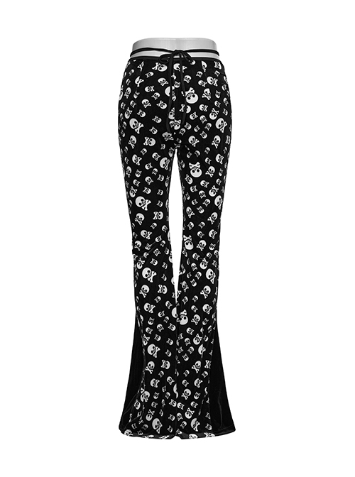 Unique Dark Personality Skull Print Sexy Waist Strap Design Slim Fit Gothic Style Flared Pants