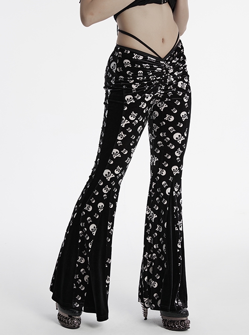 Unique Dark Personality Skull Print Sexy Waist Strap Design Slim Fit Gothic Style Flared Pants