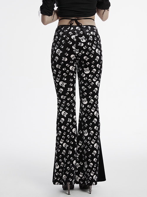 Unique Dark Personality Skull Print Sexy Waist Strap Design Slim Fit Gothic Style Flared Pants